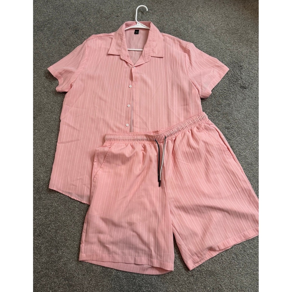 Manfinity Mens Pink Short Sleeve Button Up Shirt and Shorts Set Size XXL